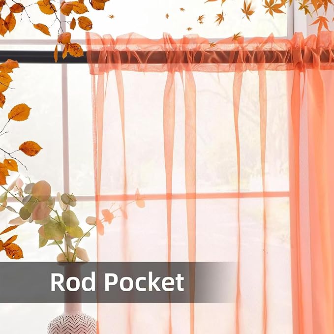 youleyar Solid Sheer Rod Pocket Curtain Voile Draperies 2 Panels White Beige Black Grey Coffee 52 Inch Width 72 Inch Long 1 Pair for Kitchen Bedroom Children Living Room Yard (Orange Red,52Wｘ72L)