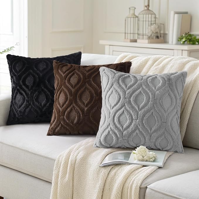 decorUhome Throw Pillow Covers 16x16 Inch Set of 2, Soft Plush Faux Wool Dark Brown Solid Couch Pillow Covers, Accent Farmhouse Neutral Square Pillow Cases for Sofa Bed Living Room