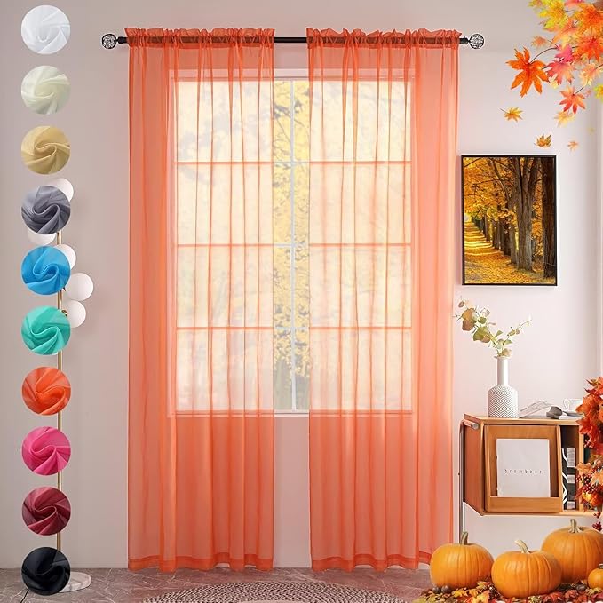 youleyar Solid Sheer Rod Pocket Curtain Voile Draperies 2 Panels White Beige Black Grey Coffee 52 Inch Width 72 Inch Long 1 Pair for Kitchen Bedroom Children Living Room Yard (Orange Red,52Wｘ72L)