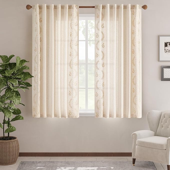 jinchan Belrose Linen Curtains for Bedroom Floral Curtains 63 Inch Length Linen Blend Beige Embroidered Drapes Farmhouse Flower Patterned Drapes for Living Room Window Treatments Set 2 Panels