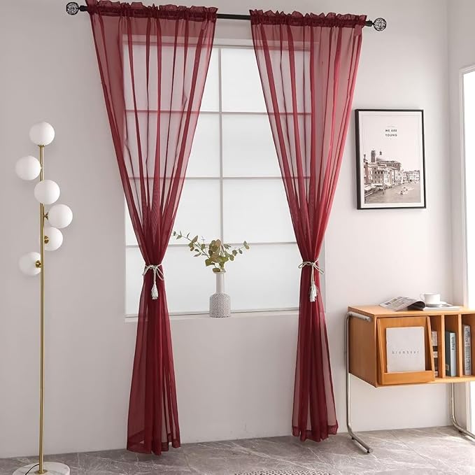 SpaceDresser Burgundy Sheer Curtains 4 Panels Rod Pocket Semi-Sheer Curtain 45 Inches Long Light Filtering Voile Window Drapes for Bedroom Living Room Kitchen, Each 52W x 45L