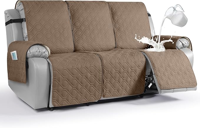VANSOFY Waterproof Recliner Couch Covers, Sofa Covers 1-Piece Washable Reclining Sofa Cover Non-Slip Furniture Protector with Elastic Straps Pocket for Dogs, Pets(Light Brown,3 Seater)