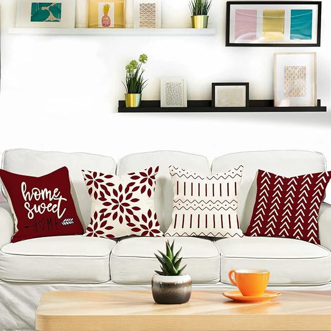 YCOLL Christmas Pillow Covers 16x16 Set of 4, Modern Sofa Throw Pillow Cover for Christmas Decor, Decorative Outdoor Linen Fabric Pillow Case for Couch Bed Car, Wine Red