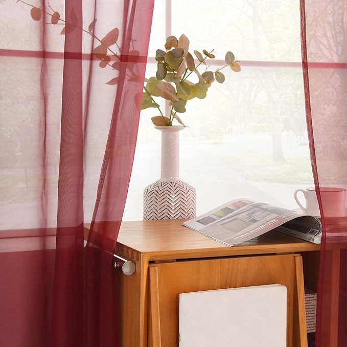 youleyar Solid Sheer Rod Pocket Curtain Voile Draperies 2 Panels White Beige Black Grey Coffee 52 Inch Width 63 Inch Long 1 Pair for Kitchen Bedroom Children Living Room Yard (Wine Red,52Wｘ63L)