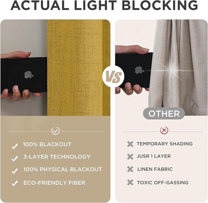 Joydeco Blackout Curtains for Bedroom - 100% Light Blocking 2 Panels Set Yellow Drapes 37" W x 84" L, Thermal Insulated Room Darkening Curtains, Linen Textured for Living Room, Rod Pocket & Back Tabs