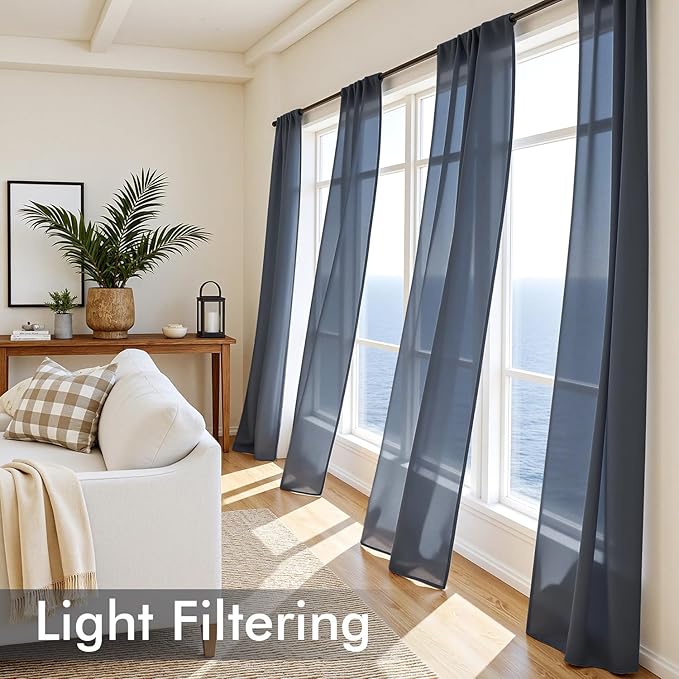 MIULEE Navy Blue Sheer Curtains 96 Inches Long, 4 Panels Set, Light Filtering Rod Pocket Voile Drapes Window Treatments, Semi Transparent Airy Fabric for Bedroom and Living Room, 54 x 96 Inches