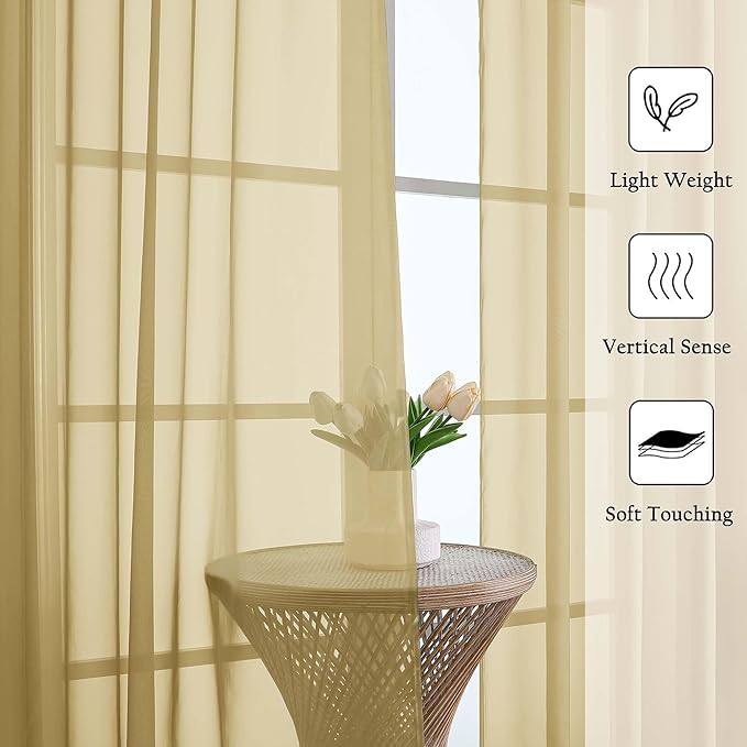 Lecloud Gold Sheer Curtains 63 Inch Length 2 Panels, Rod Pockets Window Treatments Light Filtering Bedroom Curtains for Living Room, Soft Home Drapes for Bathroom, Each Panel 59" W x 63" L