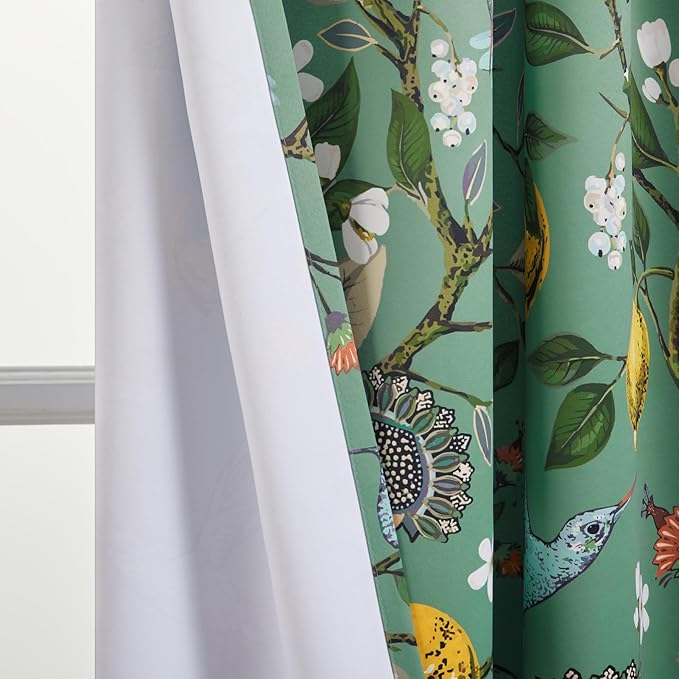 Topfinel 100 Inches Long Sage Green Luxury Curtains for Living Room Bedroom, Blackout Vintage Art Deco Victorian Curtains Floral Lemon Hummingbird Printed Grommet Drape 100 Inch Length