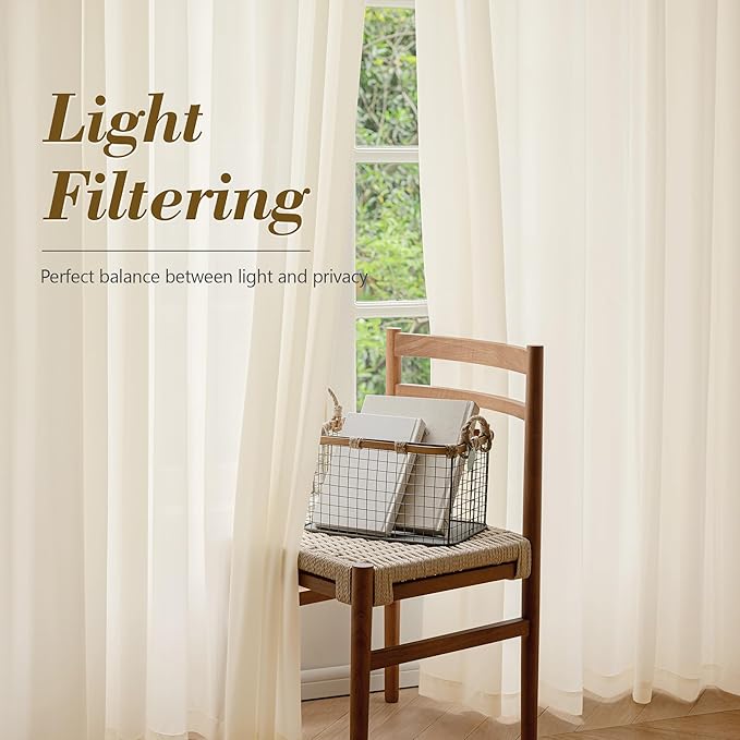FMFUNCTEX Sheer Non-See-Through Butter Cream Curtains for Bedroom, Faux Silk That Let Light Curtains 72 inches Long Light Filtering Privacy Sheer Window Drapes for Living Room, Rod Pocket 2 Panels Set