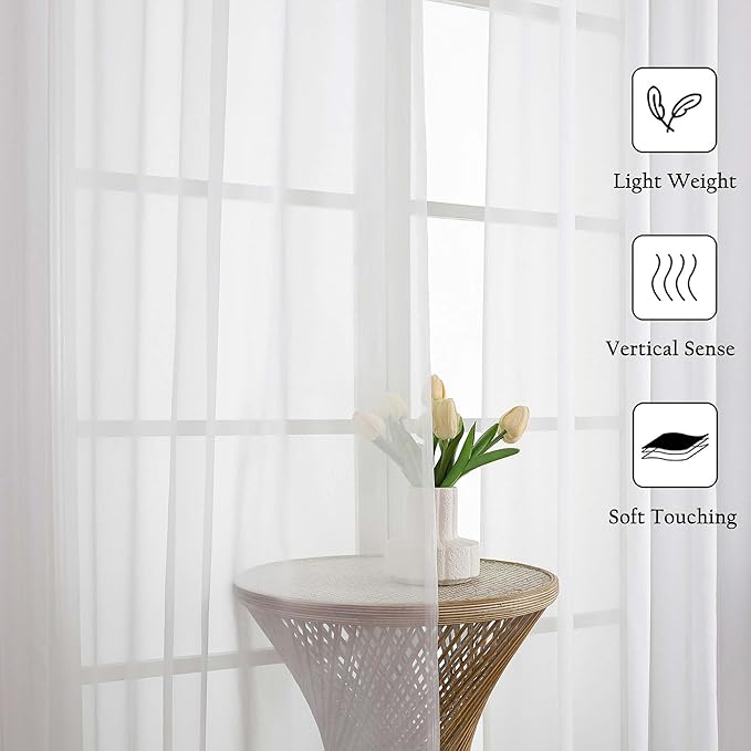 Lecloud White Sheer Curtains 90 Inches Long 2 Panels, Light Filtering Airy Voile Curtain Drapes, Extra Wide Elegant Window Treatments for Living Room Bedroom with Dual Rod Pocket, 59" W x 90" L