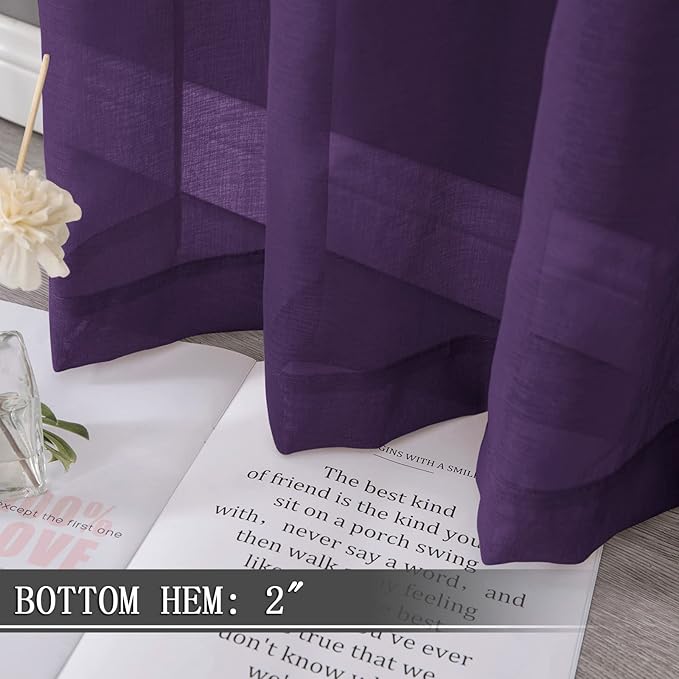 Tollpiz Sheer Curtains Linen Textured Bedroom Curtain Sheers Light Filtering Rod Pocket Voile Curtains for Living Room, 54 x 63 inches Long, Royal Purple, Set of 2 Panels
