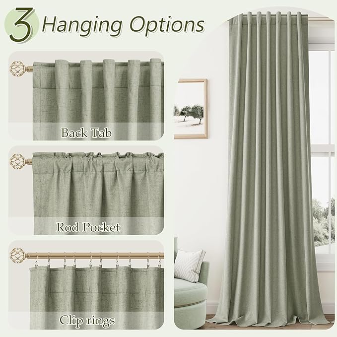 Sage Green 100% Blackout Curtains 45 Inch Length 2 Panels Set for Living Room Bedroom Back Tab Thermal Insulated Black Out Linen Drapes Room Darkening Window Curtains 52x45