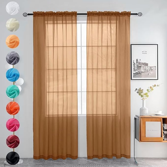 youleyar Solid Sheer Rod Pocket Curtain Voile Draperies 2 Panels White Beige Black Grey Ivory 52 Inch Width 45 Inch Long 1 Pair for Kitchen Bedroom Children Living Room Yard (Light Brown,52Wｘ45L)