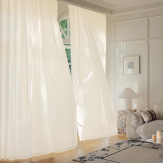 FMFUNCTEX Sheer Non-See-Through Butter Cream Curtains for Bedroom, Faux Silk That Let Light Curtains 72 inches Long Light Filtering Privacy Sheer Window Drapes for Living Room, Rod Pocket 2 Panels Set