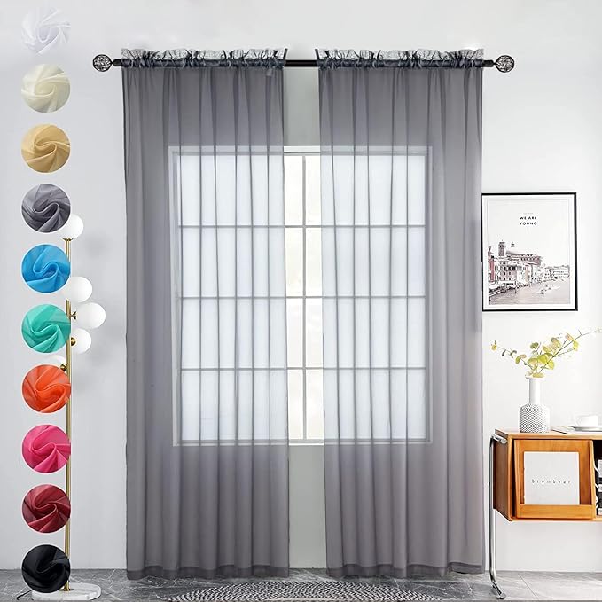youleyar Solid Sheer Rod Pocket Curtain Voile Draperies 2 Panels White Beige Black Grey Coffee 52 Inch Width 54 Inch Long 1 Pair for Kitchen Bedroom Children Living Room Yard(Grey,52Wｘ54L)