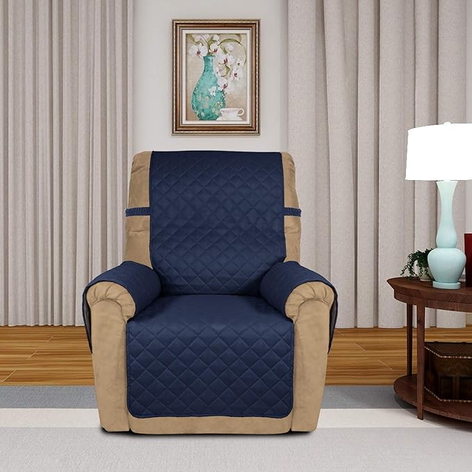 PureFit Reversible Quilted Sofa Cover, Water Resistant Slipcover Furniture Protector, Washable Couch Cover with Non Slip and Elastic Straps for Kids, Dogs, Pets (Small Recliner, Navy/Ivory)