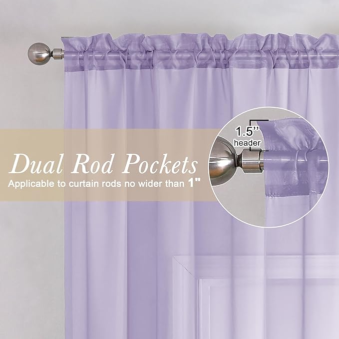 Lecloud Lavender Sheer Curtains 96 Inches Long 2 Panels Set, Light Filtering Solid Voile Drapes, Airy Privacy Window Decor Curtains with Rod Pocket for Living Room Girl's Bedroom, Each 42" W x 96" L