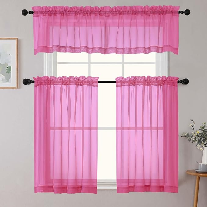Hot Pink Kitchen Curtains 30 Inch Length Tier 2 PCS, Solid Soft Airy Half Curtains for Windows, Sheer Rod Pocket Drapes for Bathroom Basement Small Window, Hot Pink, 42" Wx30 L Inches