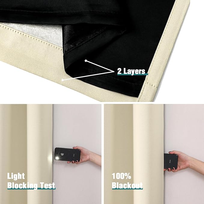 ChrisDowa 100% Blackout Curtains 63 inch Long for Bedroom with Black Liner, 2 Thick Layers Total Blackout Thermal Insulated Grommet Window Curtains 2 Panels Set (Light Beige, 52 x 63 Inch)