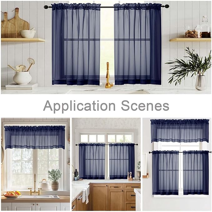 Kitchen Curtains 24 Inch Length Tier 2 Pieces, Navy Blue Sheer Curtain Solid Soft Sheer Short Curtains for Windows, Cafe Bathroom Basement Rod Pocket Drapes, Navy Blue, Each 42"Wx24"L Inches