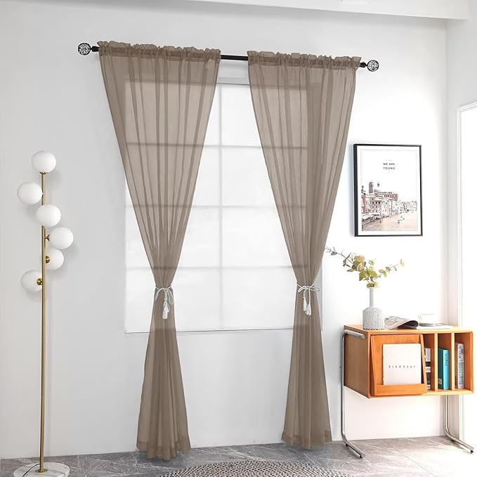 youleyar Solid Sheer Rod Pocket Curtain Voile Draperies 2 Panels White Beige Black Grey Ivory 52 Inch Width 90 Inch Long 1 Pair for Kitchen Bedroom Children Living Room Yard (Taupe,52Wｘ90L)
