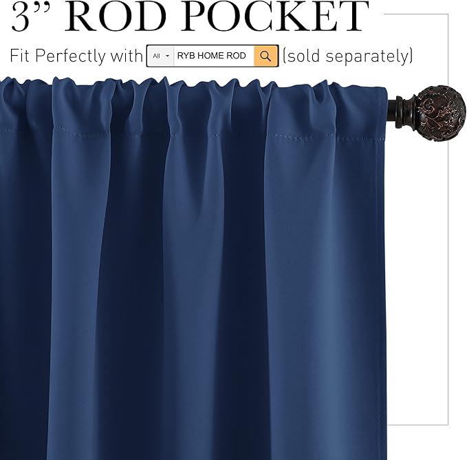 RYB HOME Cafe Blackout Curtains 24 inch Length, RV Curtains for Camper Windows, Mini Short Small Insulating Light UV Heat Blocking Privacy Half Window Tiers, Width 29 by Length 24, Navy Blue, 2 Panels