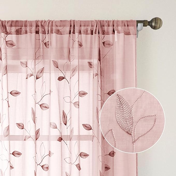 HOMEIDEAS Blush Pink Floral Sheer Curtains 63 Inches Long 2 Panels Embroidered Pattern Semi Sheer Window Curtains for Bedroom Living Room