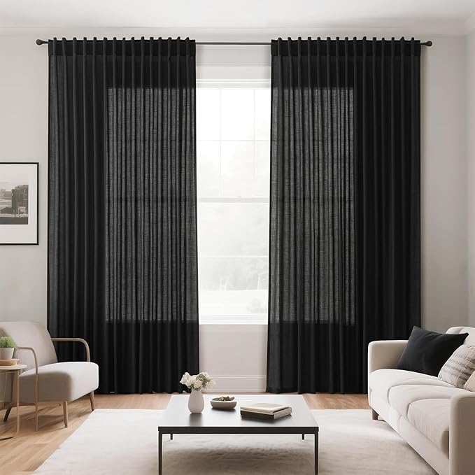 Nanspring Black Linen Curtains 90 Inches Long for Living Room Back Tab and Rod Pocket Semi Sheer Privacy Curtains Simple Modern Cotton Textured Curtain for Bedroom 70x90,2 Panel