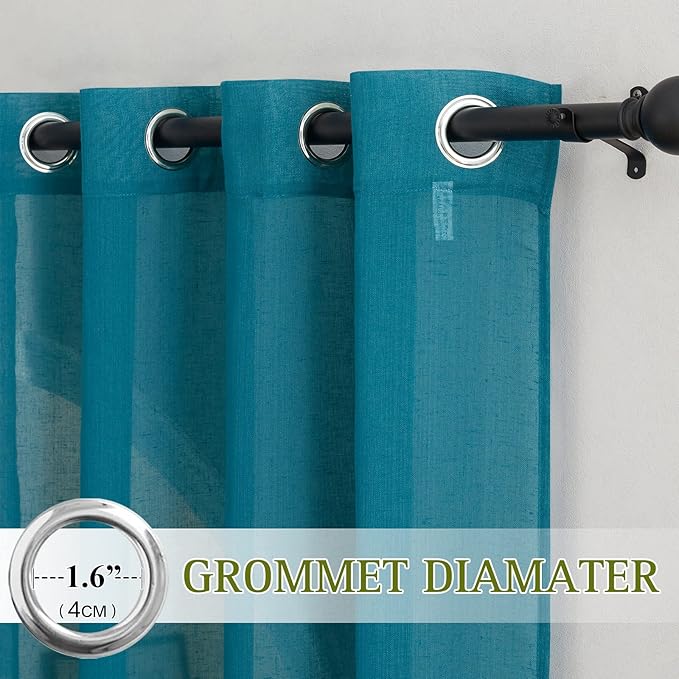 NICETOWN Small Curtains 45 inch Length for Kitchen, Grommet Linen Sheer Curtains Semi Sheer Privacy with Light Filtering for Bathroom/Basement, Peacock Green, W52 x L45, 2 Panels