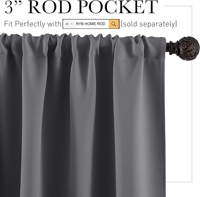 RYB HOME Short Blackout Curtains for Small Window, Sunmmer Heat Light Blocking Privacy Protection Curtains for Sunroom Laundry Room Stair Window, Width 52 by Length 36, Grey, Set of 2