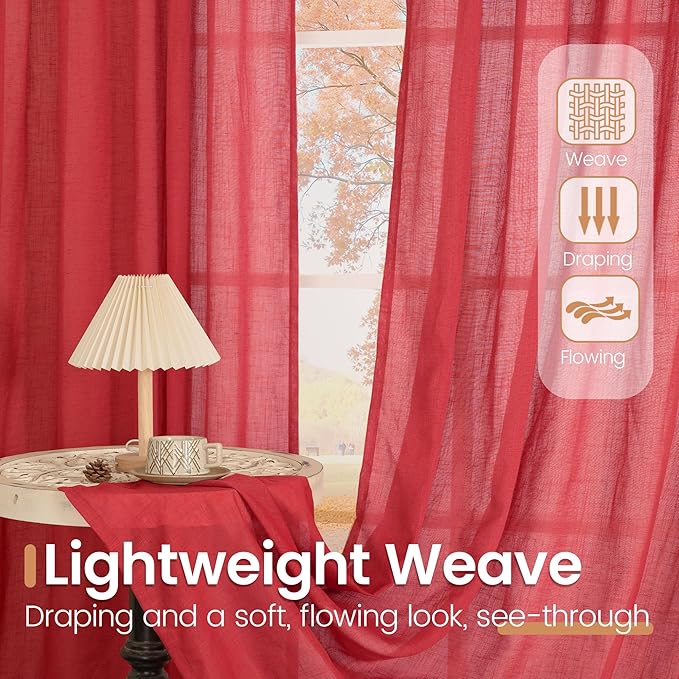 BGment Red Linen Curtains 90 Inch Length for Living Room, Long Semi Sheer Window Drapes Textured for Farmhouse Bedroom Dining with Rod Pocket Lightweight, 2 Panels Set, Each 52 Inch Wide