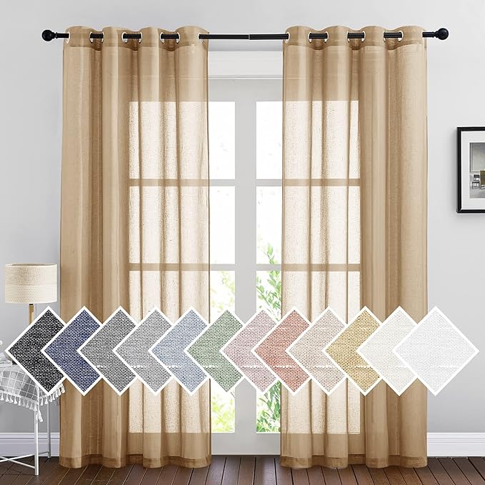 NICETOWN Sheer Curtains Flax Texture 84 inch Length, Grommet Semi Sheer Window Treatments Privacy with Light Filtering Drapes for Bedroom/Living Room, Camel, W52 x L84, 2 Panels