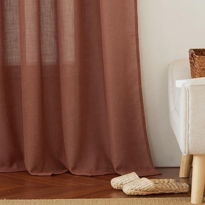 RYB HOME Terracotta Curtains 84 inch Long - Premium Flax Linen Blend Soft Semi Sheer Window Drapes Half Privacy Protect for Living Room Bedroom Doorway, 52 Width by 84 Length, 2 Panels Burg