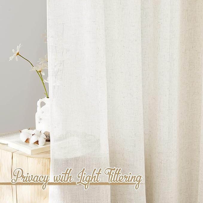 NICETOWN Natural Linen Curtains 72 inches Long for Bedroom, Grommet Linen Weave Window Treatment Semi Sheer Privacy Drapes with Light Filtering for Living Room, W66 x L72, 2 Panels