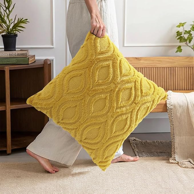 decorUhome Summer Throw Pillow Covers 16x16 Inch Set of 2, Soft Plush Faux Wool Mustard Yellow Solid Couch Pillow Covers, Accent Farmhouse Neutral Square Pillow Cases for Sofa Bed Living Room
