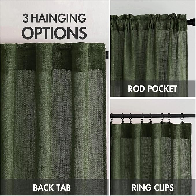 MIULEE Olive Green Linen Curtains 100 Inch Length 2 Panels for Bedroom Living Room, Soft Thick Linen Textured Window Drapes Semi Sheer Light Filtering Back Tab Rod Pocket Burlap Look Decor
