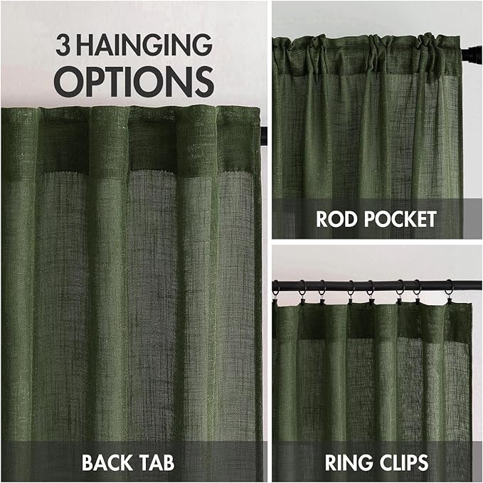 MIULEE Olive Green Short Linen Curtains 45 Inch Length 2 Panels for Kitchen Bedroom Bathroom, Soft Thick Linen Textured Basement Window Drapes Semi Sheer Light Filtering Back Tab Burlap Look Decor