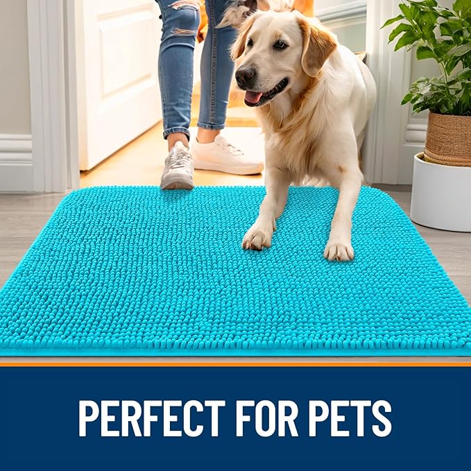 OLANLY Dog Door Mat for Muddy Paws 70x46, Absorbs Moisture and Dirt, Absorbent Non-Slip Washable Doormat, Quick Dry Chenille Mud Mat for Dogs, Entry Indoor Entryway Carpet for Inside Floor, Aqua Blue