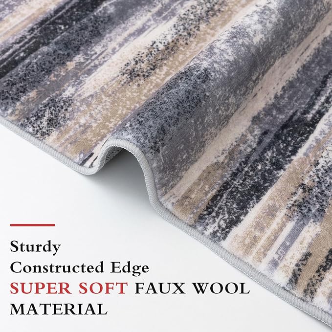 Lansny Modern Abstract 9x12 Large Machine Washable Living Room Rug Non-Slip Soft Bedroom Area Rug Grey Black Multi Ultra Thin Print Faux Wool Carpet Throw Rugs for Nursery Playroom Dining Room Indoor
