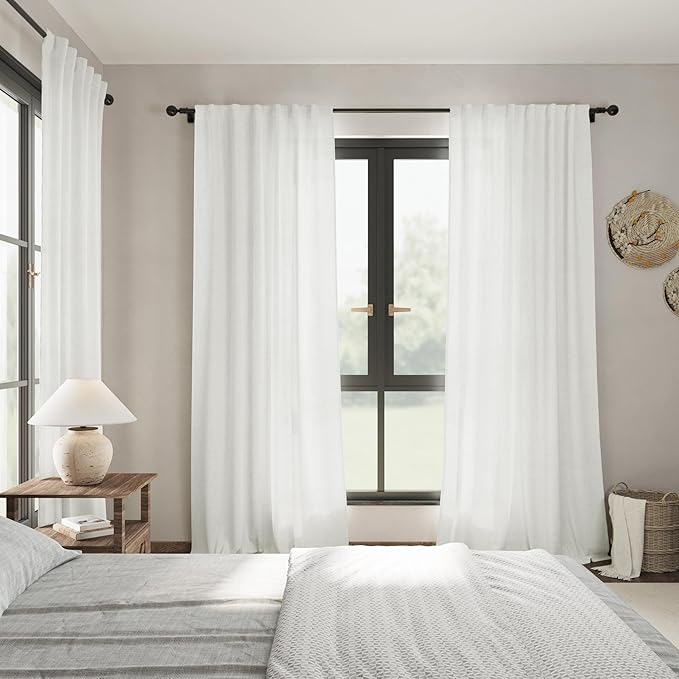 Nanspring Solid Off White Curtains 96 Inches Long 2 Panels Back Tab Sheer Linen Curtain Modern Farmhouse Coastal Decor White Cotton Textured Gauze Curtains for Patio Sliding Door Office Bedroom