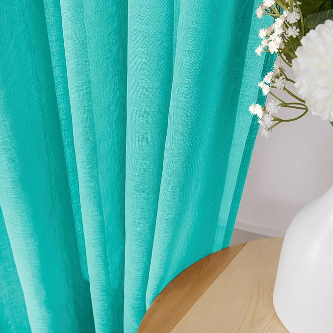 Tollpiz Sheer Curtains Bedroom Linen Textured Curtain Sheers Light Filtering Voile Rod Pocket Curtains for Living Room, 38 x 84 inches Long, Aqua Blue, Set of 2 Panels