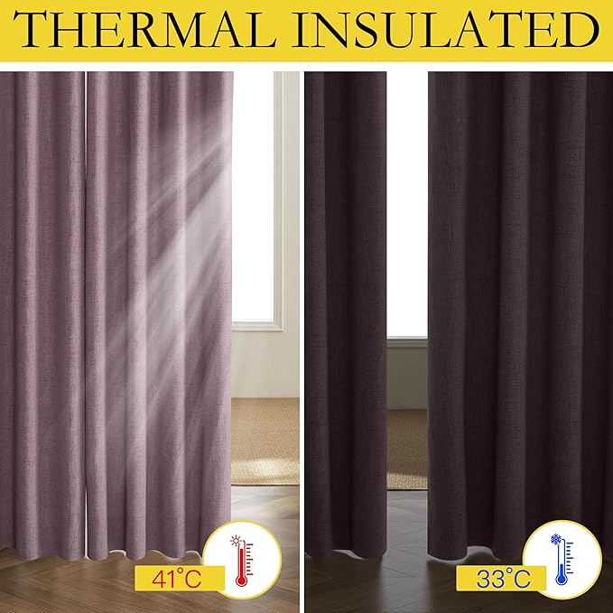 NICETOWN Chaise Mauve Vintage Linen 100% Blackout Curtains for Living Room, Thermal Insulated Curtains 63" Long, Noise Reducing Window Treatment Drapes for Hall Room, 52" Wide Per Panel, Set of 2