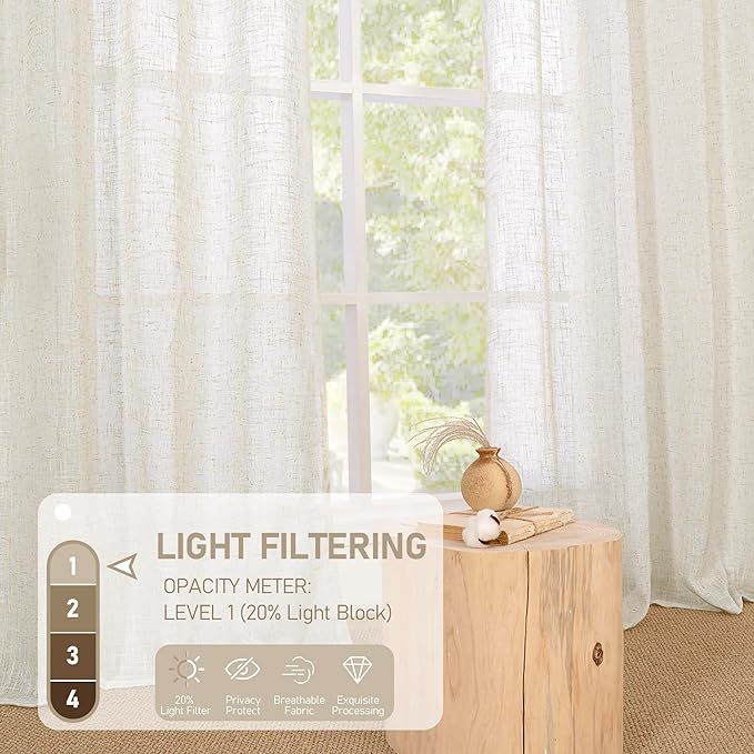 LAMIT Natural Semi Sheer Linen Curtains for Windows, 60 Inch Light Filtering Panels Bronze Grommet Neutral Drapes for Bedroom/Living Room, 2 Panels, Cream Ivory, 34 x 60 Inch