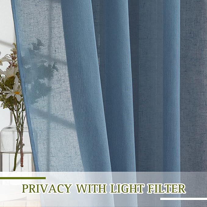 NICETOWN Linen Sheer Stone Blue Curtains 108 inch Long for Living Room, Grommet Semi Sheer Linen Blend Curtains & Drapes Privacy with Light Filtering for Nursery/Laundry, W52 x L108, 2 Panels