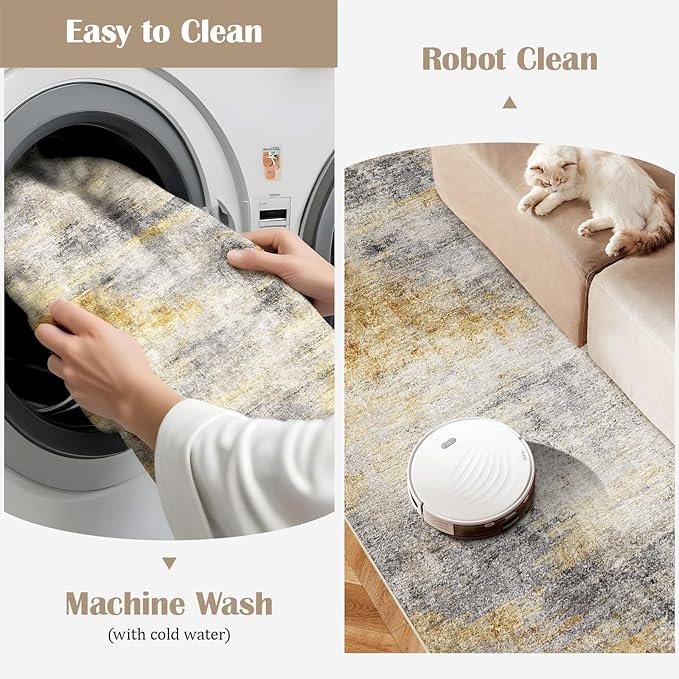 2x5 Washable Kitchen Runner Rug: Modern Abstract Runners for Hallway Soft Non Slip Rugs with Rubber Backing Low Pile Thin Floor Carpet for Entryway Bedroom Bathroom Bedside Indoor(Grey/Yellow,2x5)