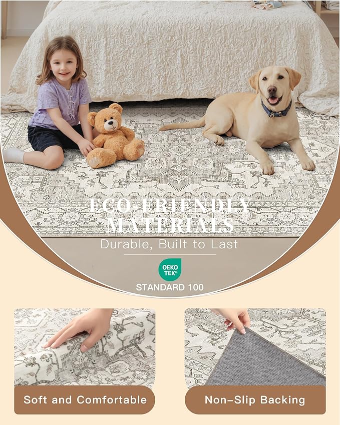 Madane Runner Rug 2x8, Washable Hallway Runner Rugs, Non-Slip Low-Pile Soft Kitchen Rug Runner Laundry Room Rug, Vintage Throw Entry Foyer Mat for Entrance Living Room (Beige/Brown, 2 x 8)
