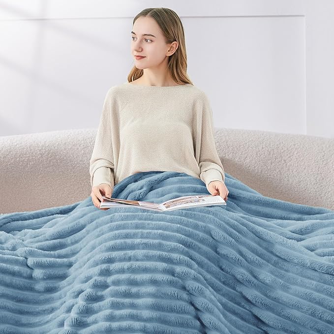 BEDELITE King Size Blanket for Bed, 300GSM Soft & Warm Fleece Blanket, Decorative and Giftable Striped Light Blue Blankets for Women, Men, 108"x90"
