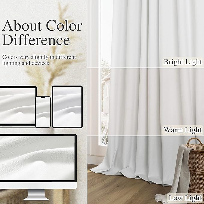 Guken White 100% Blackout Linen Curtains 52 Inch Wide by 138 Inch for Living Room Bedroom Back Tab Thermal Insulated Black Out Linen 2 Drapes Room Darkening Window Curtains