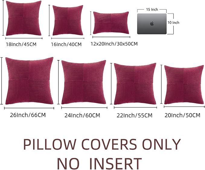 Fancy Homi 2 Packs Burgundy Red Decorative Throw Pillow Covers 20x20 Inch for Living Room Couch Bed Sofa, Farmhouse Boho Home Decor, Soft Corss Corduroy Patchwork Accent Cushion Case 50x50 cm
