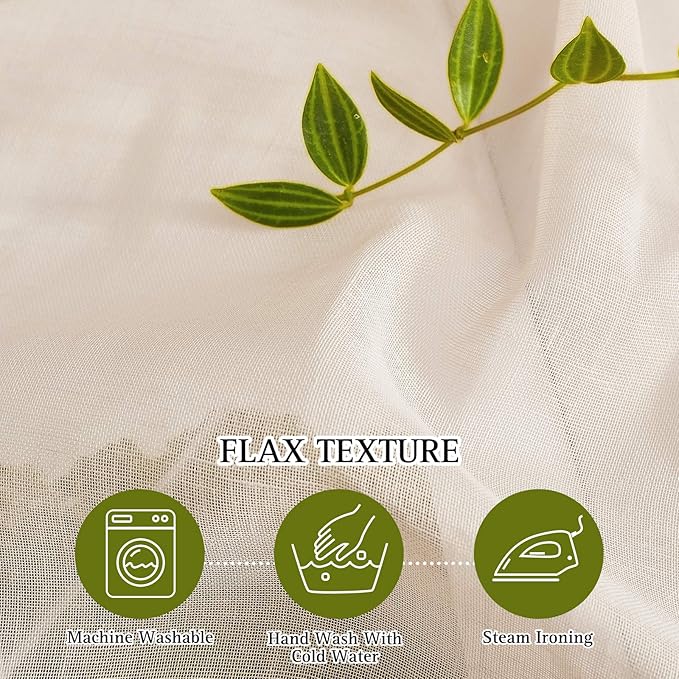 NICETOWN Flax Linen Sheer Curtains 108" Length for Windows, Ring Top Privacy Semitransparent Sheer Light Filter Curtain Panels for Bedroom/Living Room, Beige, 52" W Per Panel, Set of 2